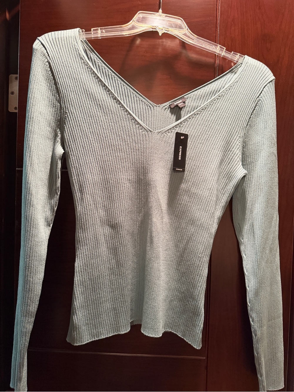 Brand New Express Ribbed V-Neck Long Sleeve Top - Sage Green